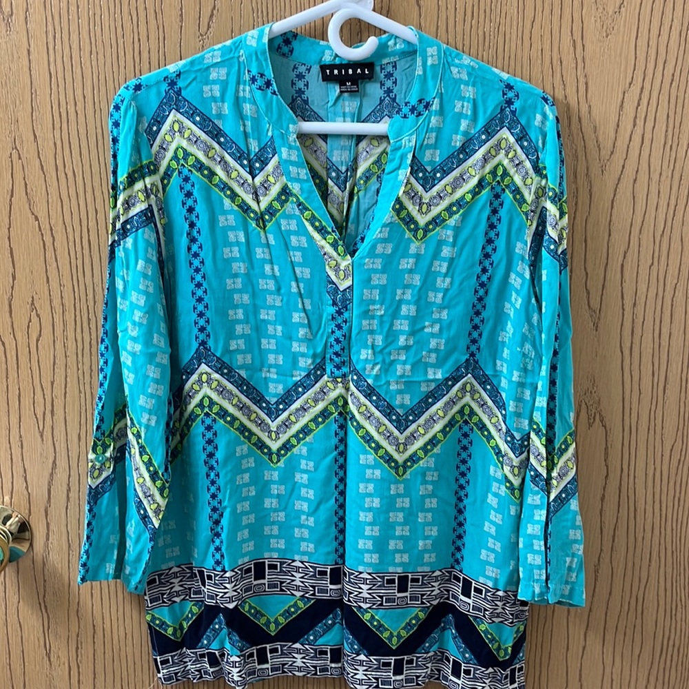 Tribal Mint Geometric Print Lightweight Long Sleeve Tunic Size Medium